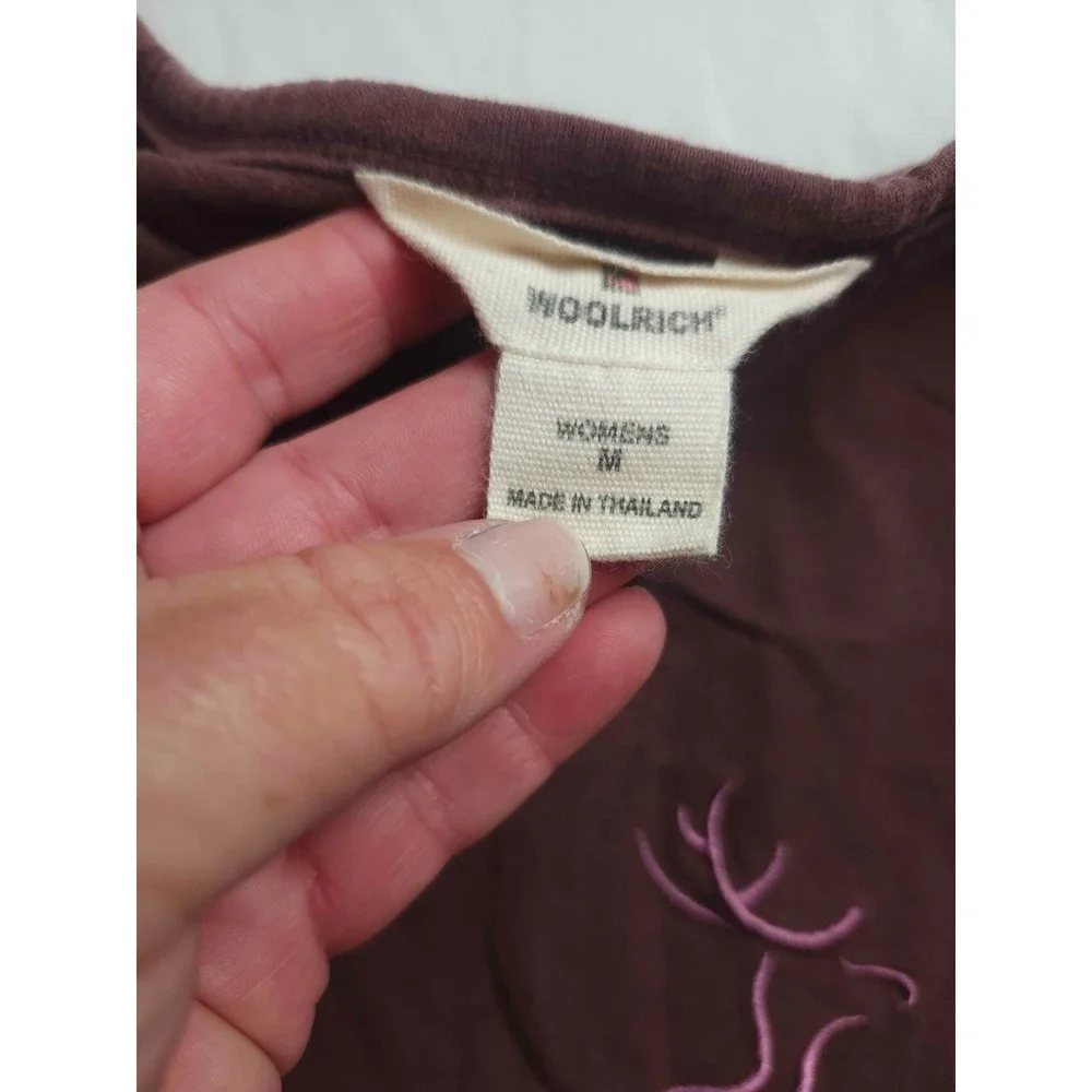 Woolrich Tee Shirt Womens Medium Brown Knit Embroidered Reindeer Long Sleeve Top